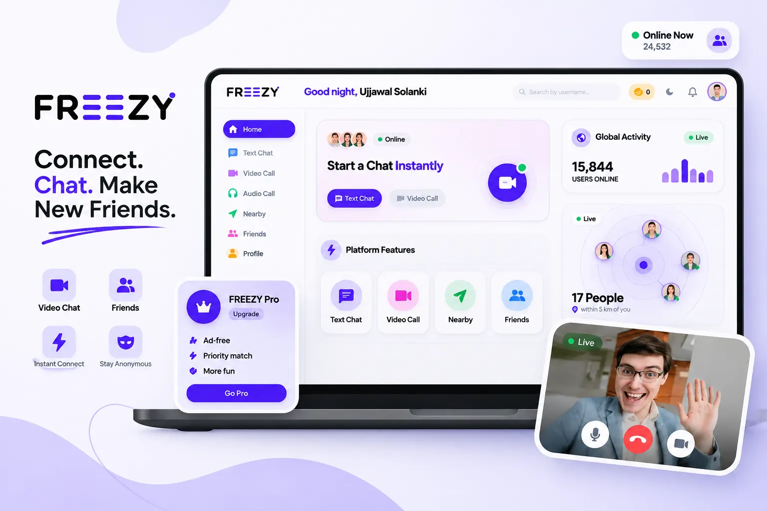 Freezy - MERN video chat social platform with WebRTC